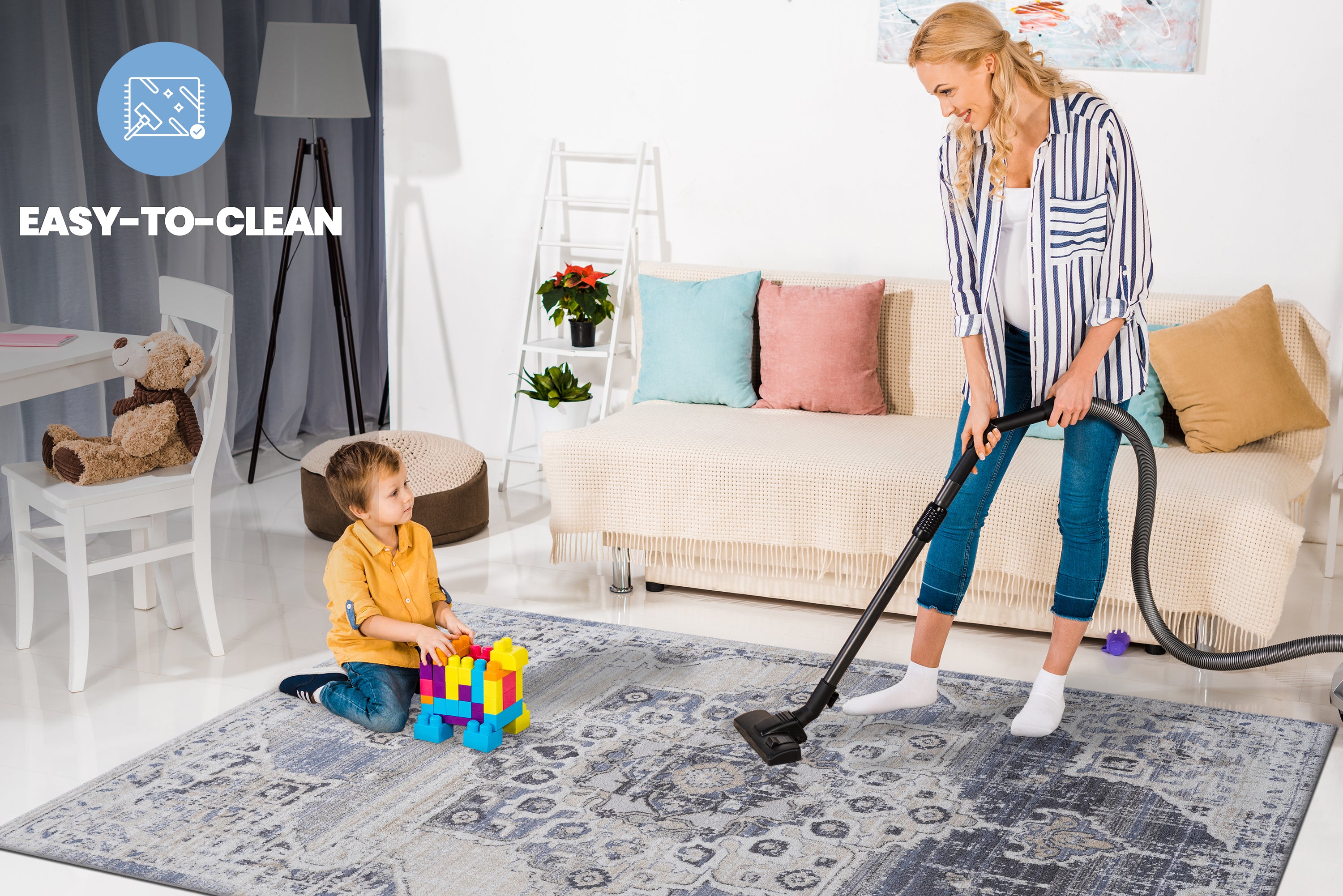 PAYAS Collection 5x7 Cream & Blue Medallion Area Rug - Stain-Resistant, Non-Shedding Polyester for Living Room, Bedroom, Entryway, Home Office, Dining Room, Dorm - Durable, Easy Care, Medium Pile