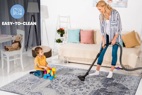 PAYAS Collection 6x9 Cream & Blue Medallion Area Rug - Stain Resistant, Non-Shedding Polyester for Living Room, Bedroom, Home Office. Durable, Easy Care, Medium Pile (0.28"). Turkish Made.