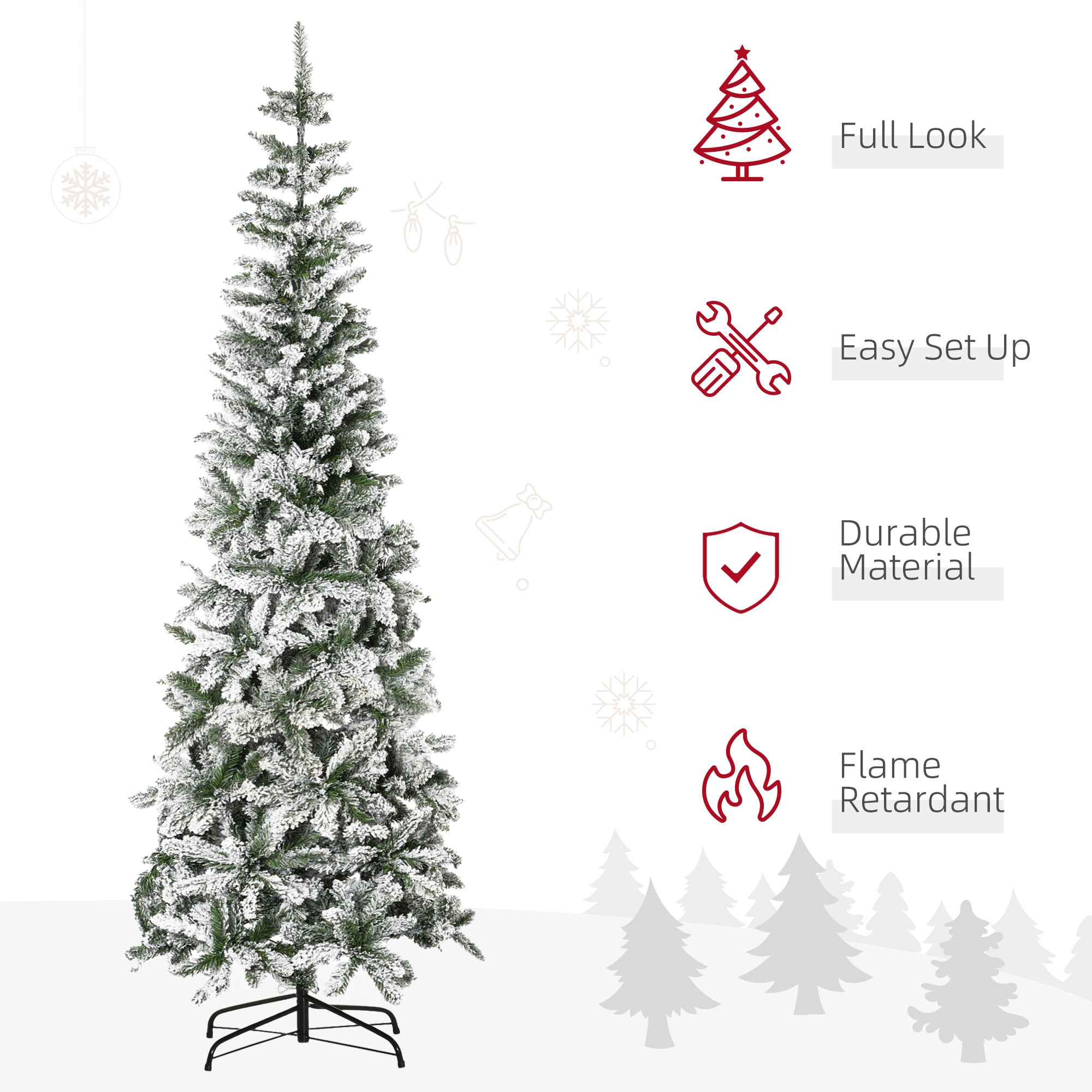 HOMCOM 7.5ft Snow-Flocked Slim Pine Artificial Christmas Tree | Realistic PVC Branches, 668 Tips | Indoor Holiday Decor, Living Room, Holiday Parties | Easy Setup, Sturdy Steel Base, Green