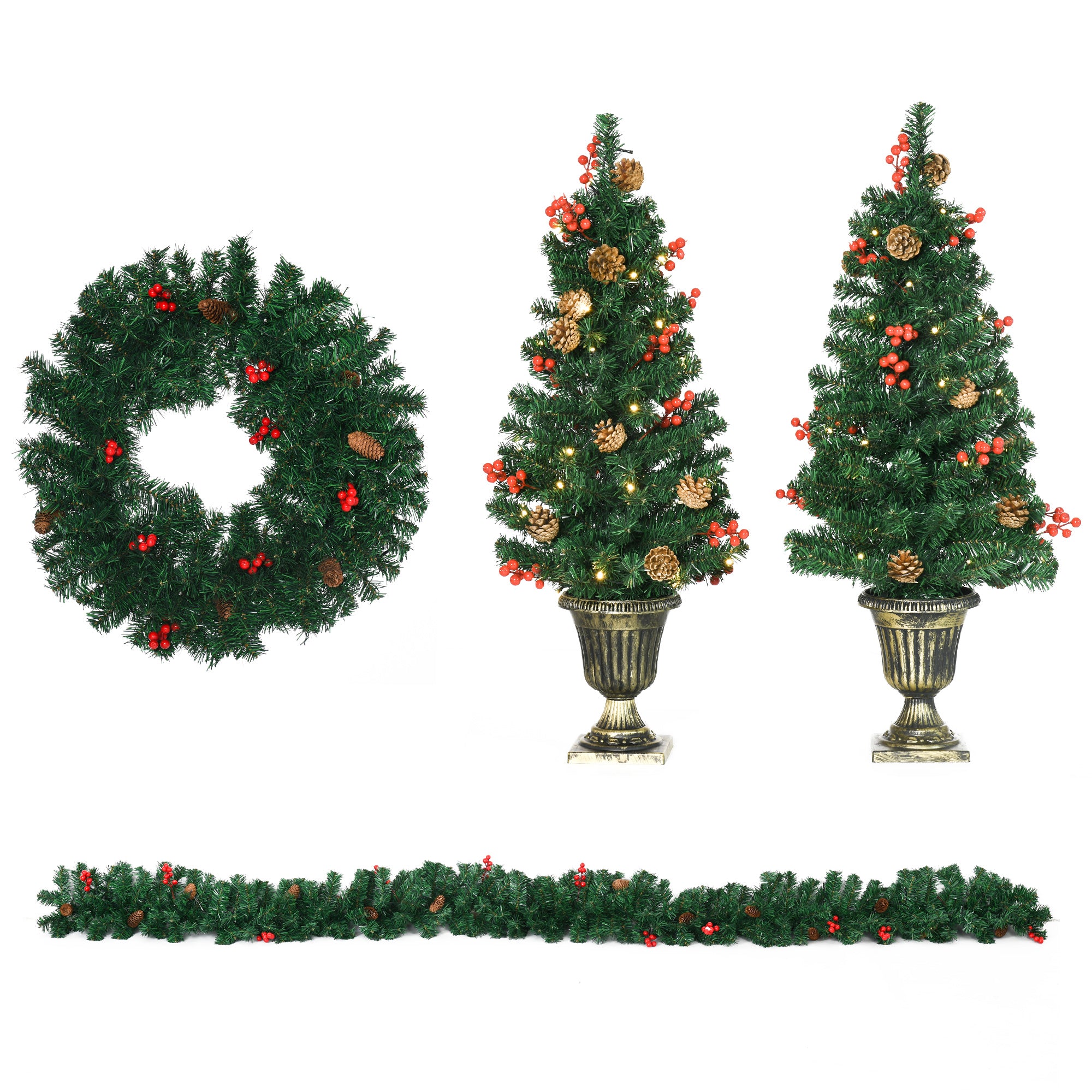 HOMCOM 4-Piece Prelit Christmas Decor Set: 3ft Green Trees, Garland &amp; Wreath with Warm White LEDs, Red Berries, Pine Cones for Indoor/Outdoor Entryway