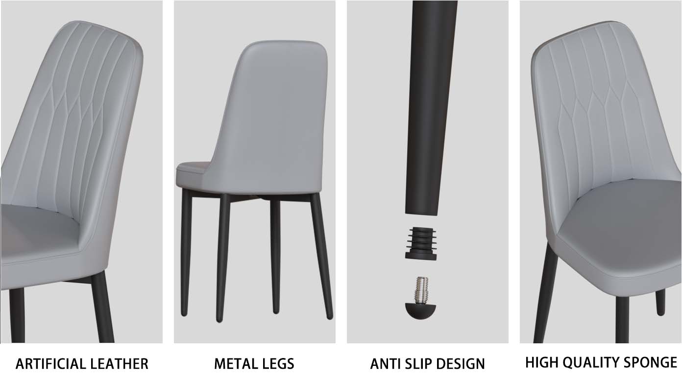 63" Cream Modern MDF Dining Table Set with 6 Grey PU Leather Ergonomic Chairs - Industrial Style Home & Kitchen Furniture for 4-8 Guests - Easy Assembly