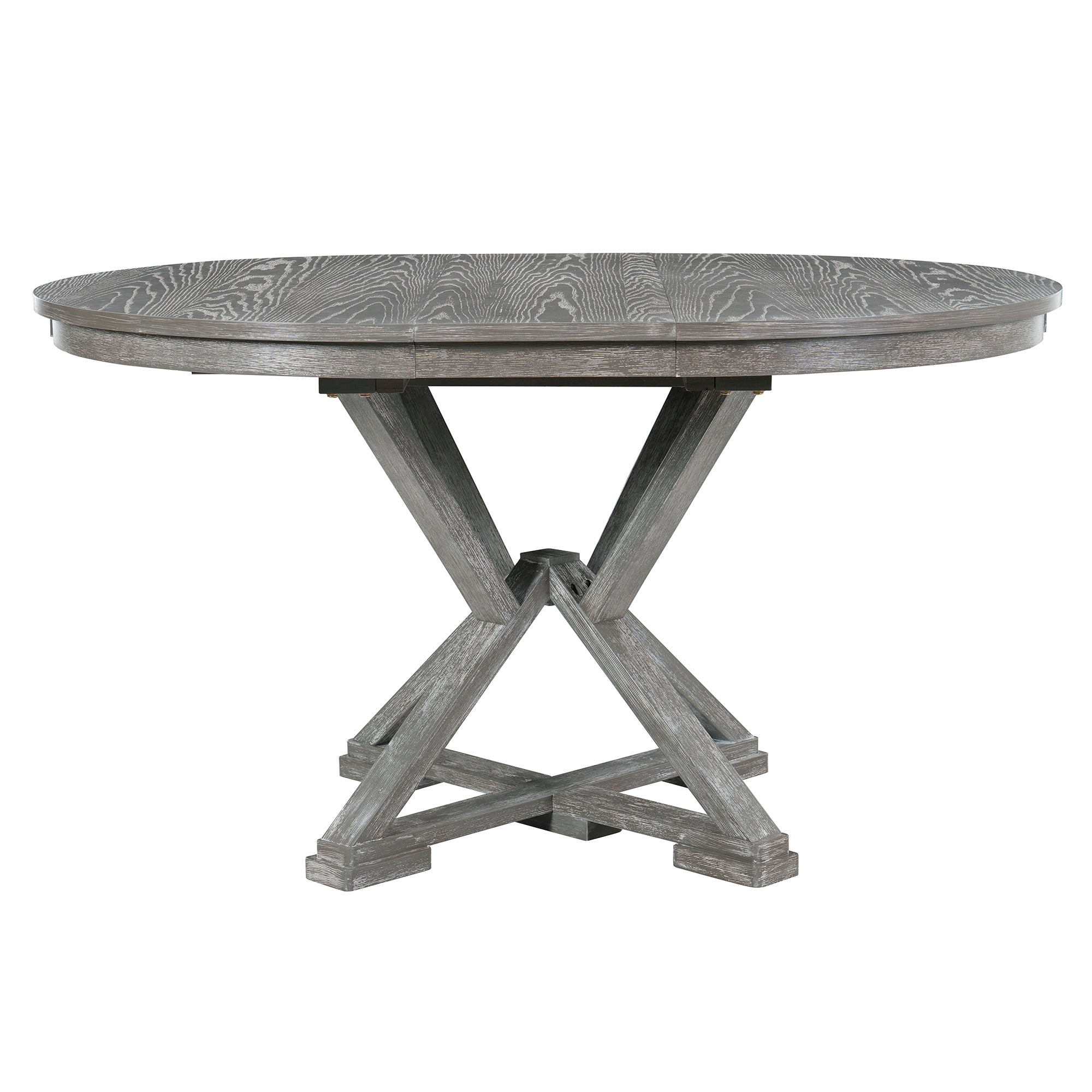 TREXM 5-Piece Extendable Round Dining Table Set for 4 - Vintage Grey Rubberwood & Linen Upholstered Chairs - 42"-54" Oval/Round Table for Kitchen, Dining Room, Living Room