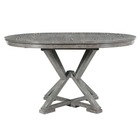 TREXM 5-Piece Extendable Round Dining Table Set for 4 - Vintage Grey Rubberwood & Linen Upholstered Chairs - 42"-54" Oval/Round Table for Kitchen, Dining Room, Living Room