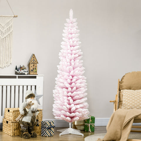 HOMCOM 6ft Pink Snow Flocked Artificial Pencil Christmas Tree - Slim, Realistic Plastic Branches, Flame-Retardant, Easy Assembly &amp; Storage for Festive Indoor Decor