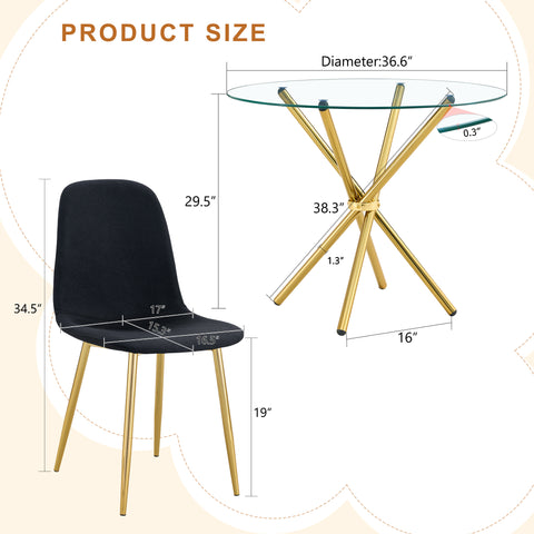 4-Piece Modern Luxe Dining Set: 36.6'' Round Tempered Glass Table & Black Linen-Cotton Chairs with Gold Metal Legs - Chic Seating for Kitchen, Living Room, Home Office | Seats 4