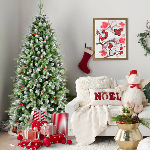 6ft Frosted Green Artificial Christmas Tree | 380 Warm White LED Lights | 1264 Lush Tips | Red Berries &amp; Pinecones | Sturdy Metal Stand | Indoor Holiday Decor