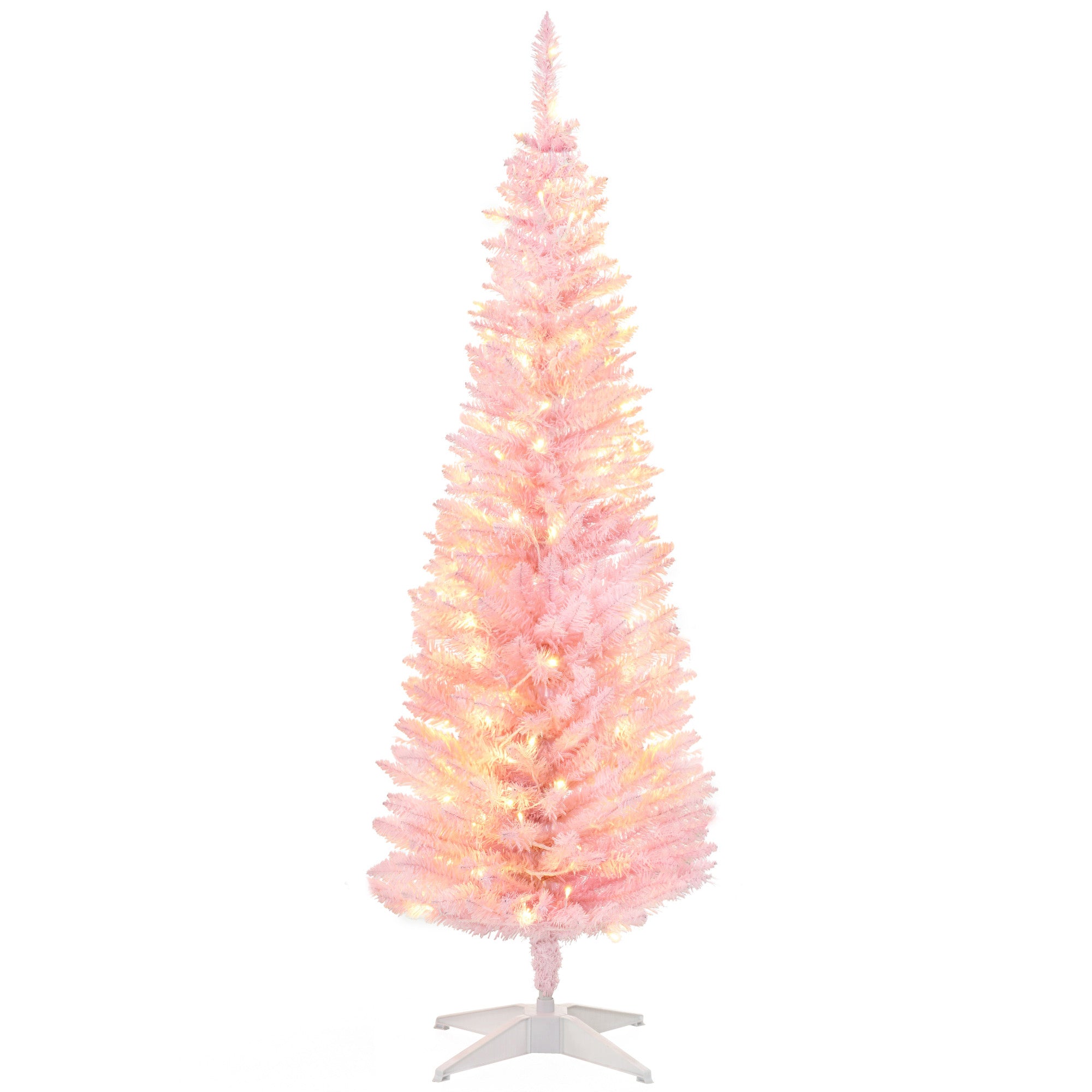 HOMCOM 5' Pink Slim Noble Fir Artificial Christmas Tree | 110 Warm White LEDs, 294 Tips | Realistic, Flame-Retardant Plastic | Easy Setup & Storage for Festive Home Decor