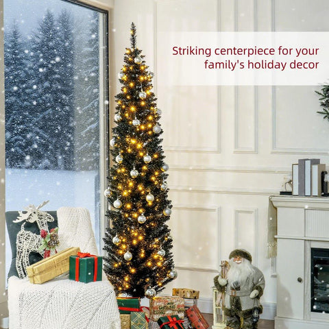 7ft Black Pencil Christmas Tree - Pre-lit Warm White LED, Realistic Flame-Retardant Artificial Xmas Tree for Indoor Decor, Slim Space-Saving Design