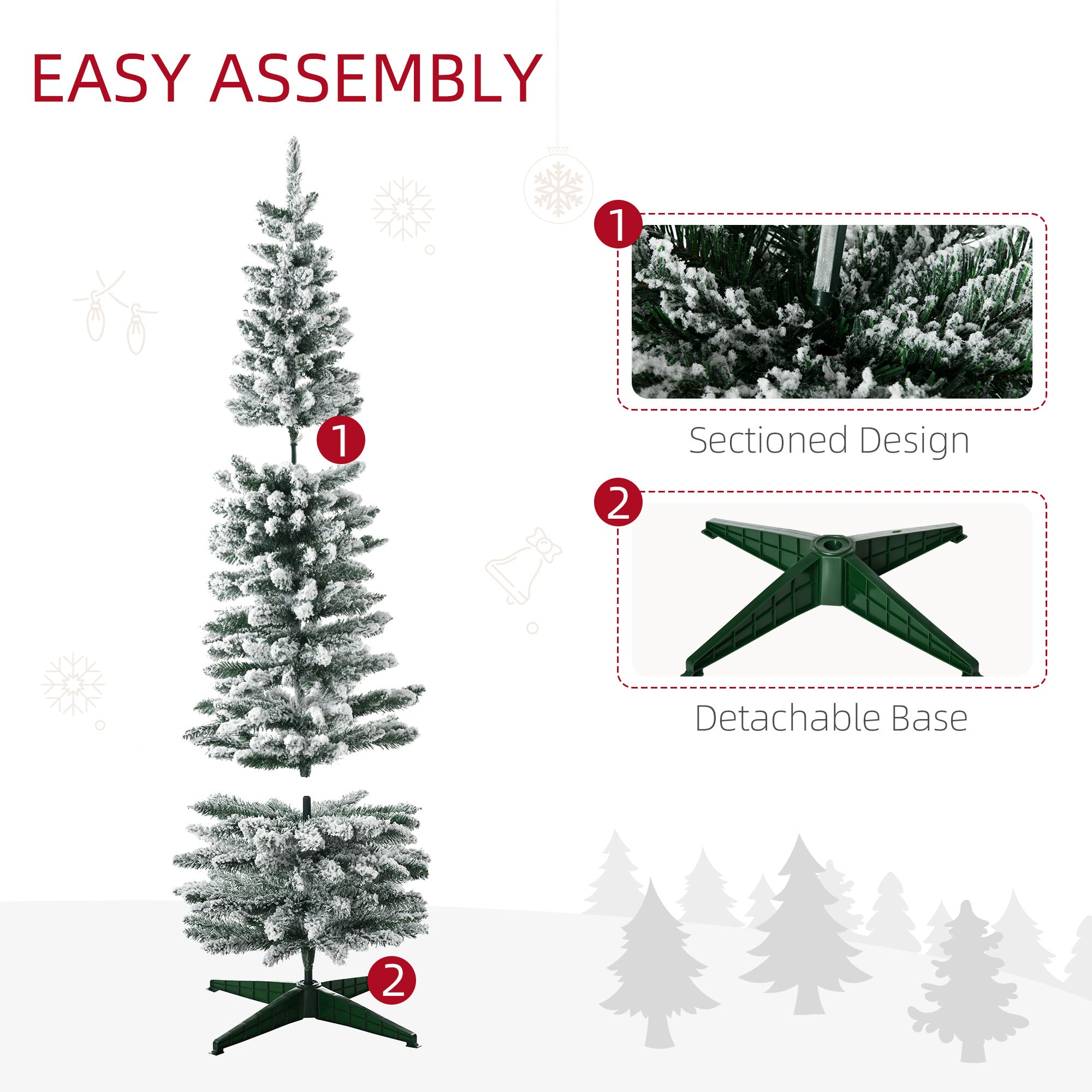 HOMCOM 9ft Pencil Snow Flocked Christmas Tree: Realistic Pine Branches, Pine Cones &amp; Red Berries, Auto-Open, Flame Retardant, Green Plastic for Festive Home Decor