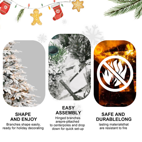 6.5ft Pre-Lit Flocked Artificial Christmas Tree: 450 Warm White Incandescent Lights, 2225 Snowy PE+PVC Tips, Hinged Memory Wire Branches &amp; Foldable Metal Stand for Festive Holiday Home Decor