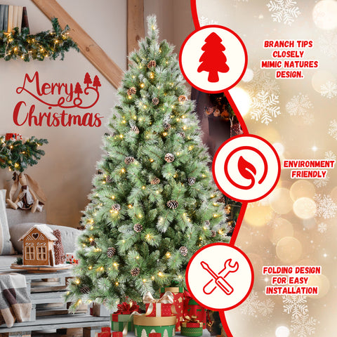 7.5FT Realistic Christmas Tree: 1588 PVC & Hard Needle Tips, 92 Pine Cones, 450 Warm White LEDs, Hinged Branches, Sturdy Metal Stand - Full Lush Holiday Decor for Home & Office