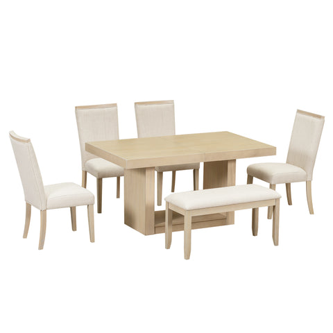 TOPMAX 6-Piece Natural Rubberwood Dining Set: 78" Extendable Pedestal Table w/ 18" Leaf, 4 Upholstered Chairs &amp; Bench for Dining Room, Seats 6