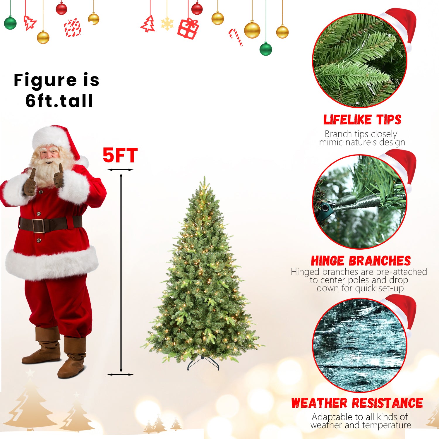 6FT Pre-Lit Artificial Christmas Tree: 1339 PE+PVC Tips, 350 UL Warm White Lights, Hinged Branches, Sturdy Metal Stand. Realistic Full Green Tree for Cozy Home Holiday Decor.