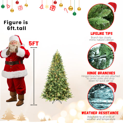 6FT Pre-Lit Artificial Christmas Tree: 1339 PE+PVC Tips, 350 UL Warm White Lights, Hinged Branches, Sturdy Metal Stand. Realistic Full Green Tree for Cozy Home Holiday Decor.