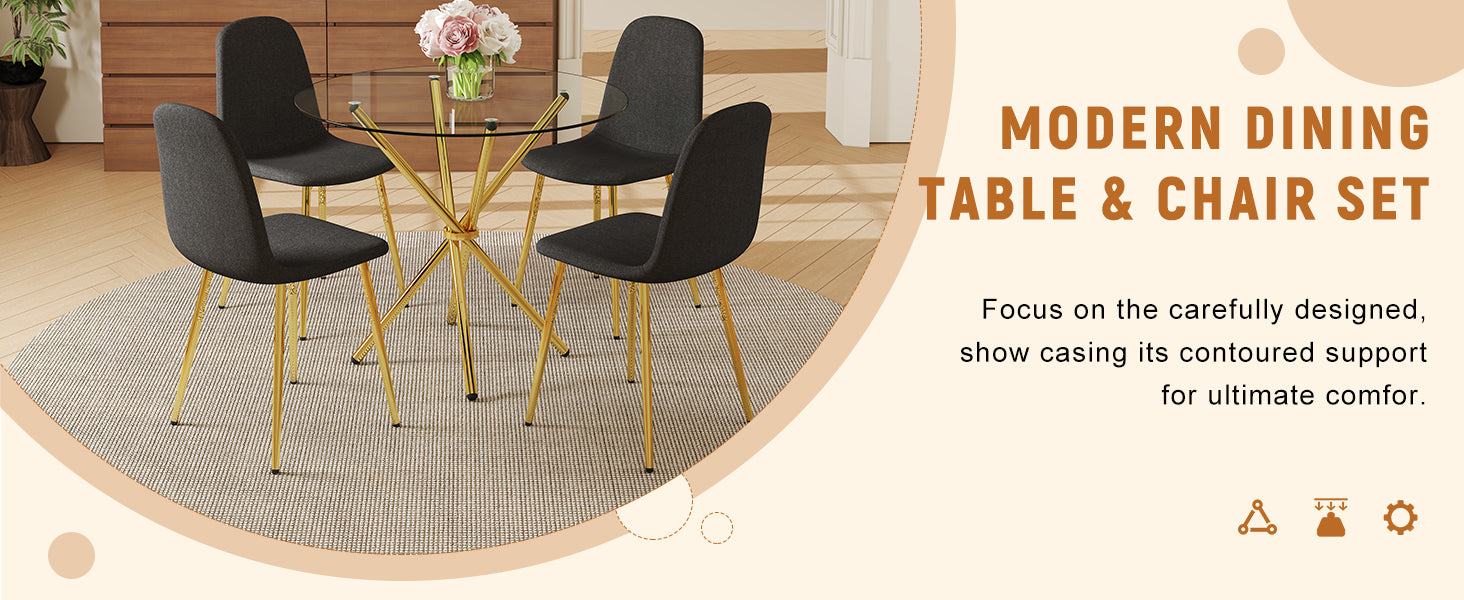 4-Piece Modern Luxe Dining Set: 36.6'' Round Tempered Glass Table & Black Linen-Cotton Chairs with Gold Metal Legs - Chic Seating for Kitchen, Living Room, Home Office | Seats 4