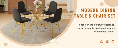 4-Piece Modern Luxe Dining Set: 36.6'' Round Tempered Glass Table & Black Linen-Cotton Chairs with Gold Metal Legs - Chic Seating for Kitchen, Living Room, Home Office | Seats 4