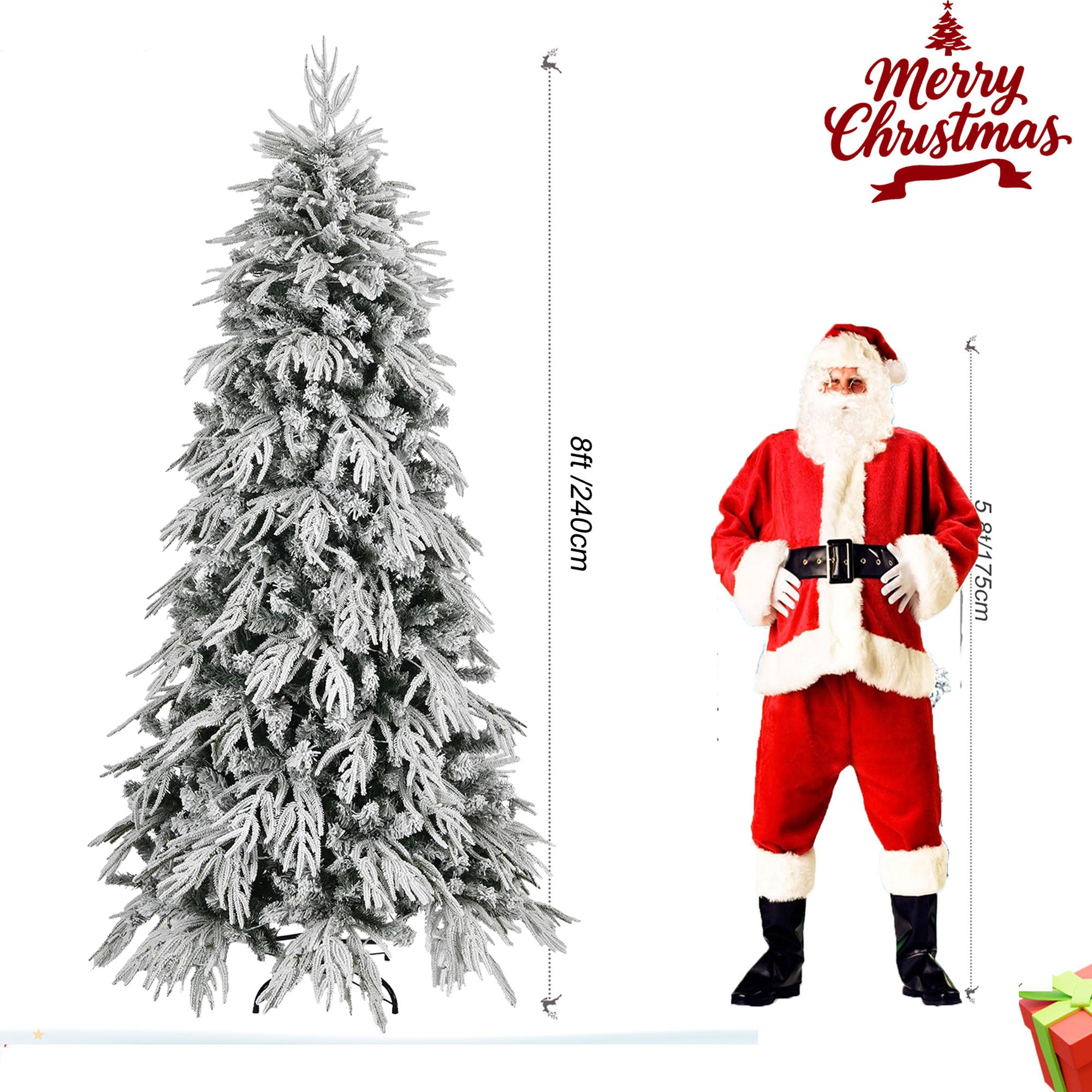 7ft Slim Flocked Noble Christmas Tree, Pre-lit with 250 Warm White LEDs &amp; 767 Realistic PE/PVC Tips, White Pencil Artificial Tree for Small Spaces, Corners &amp; Apartments, Easy Assembly Home Decor