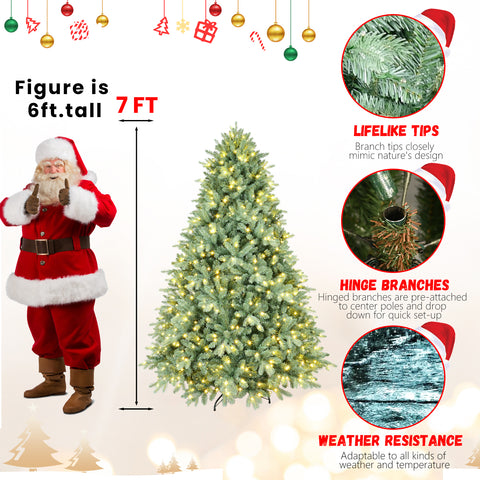 7.5FT Blue-Green Tint Pre-Lit Christmas Tree | 800 Warm White LEDs | 2908 Realistic PE+PVC Tips | Hinged Branches for Easy Setup | Sturdy Metal Stand | Unique Holiday Home Decor