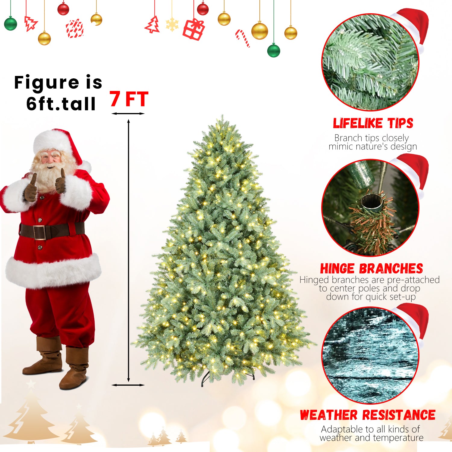 8FT Blue-Green Tint Pre-Lit Christmas Tree | 900 Warm White LEDs | 3308 PE+PVC Tips | Hinged Branches | Sturdy Metal Stand | Unique Holiday Home Decor