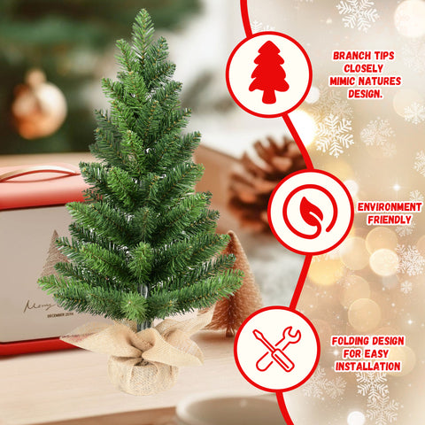 Set of 2 Small Artificial Christmas Trees, 2FT Green PVC Mini Holiday Decor with 68 Tips Each, Rustic Burlap Cement Base, Perfect for Desk, Table, Office & Home