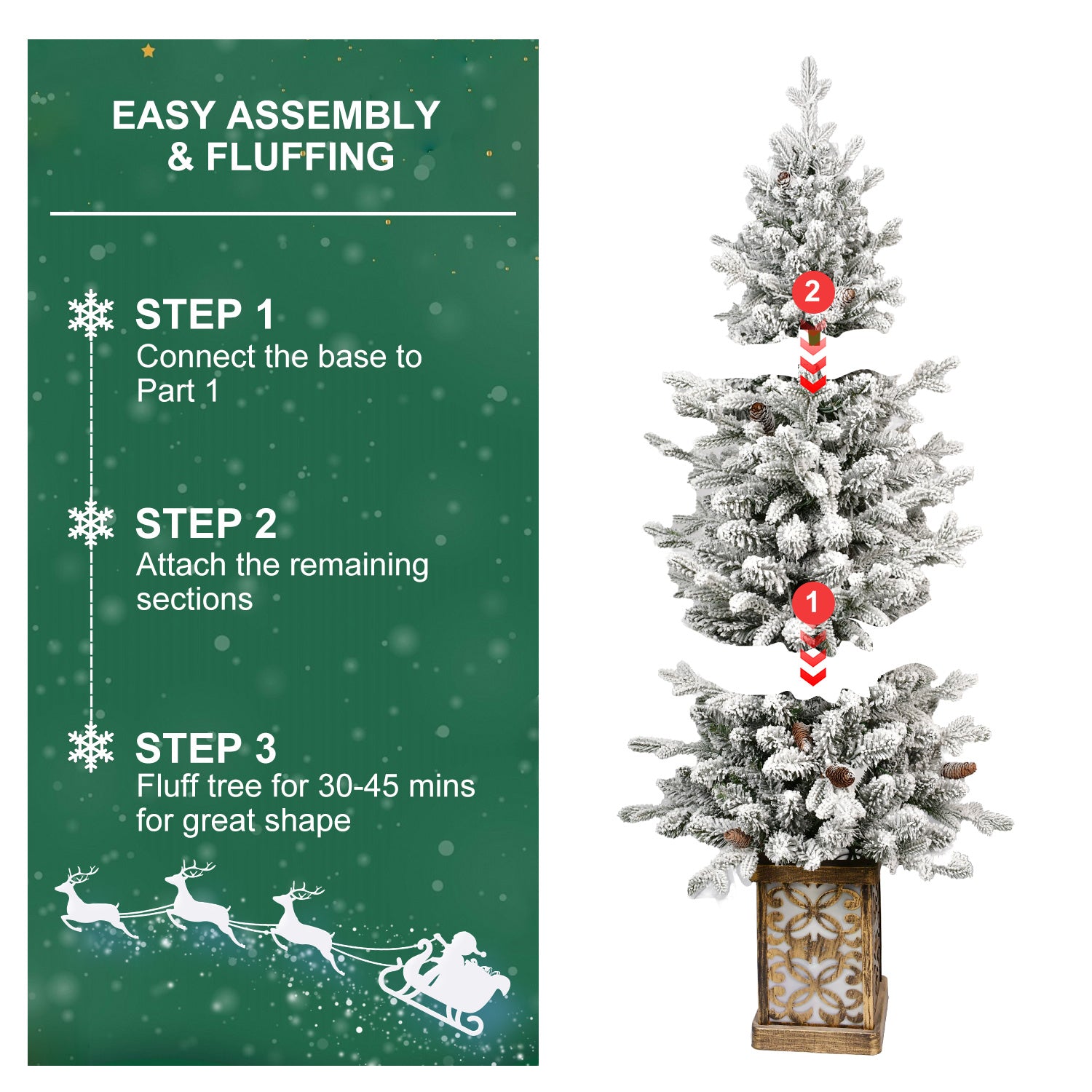 4FT Flocked Christmas Tree with Multicolour LED Lights, 396 Tips, Glitter Base &amp; Pine Cones - Easy Assembly Home &amp; Party Holiday Decor, White/Green PVC &amp; PE Tree