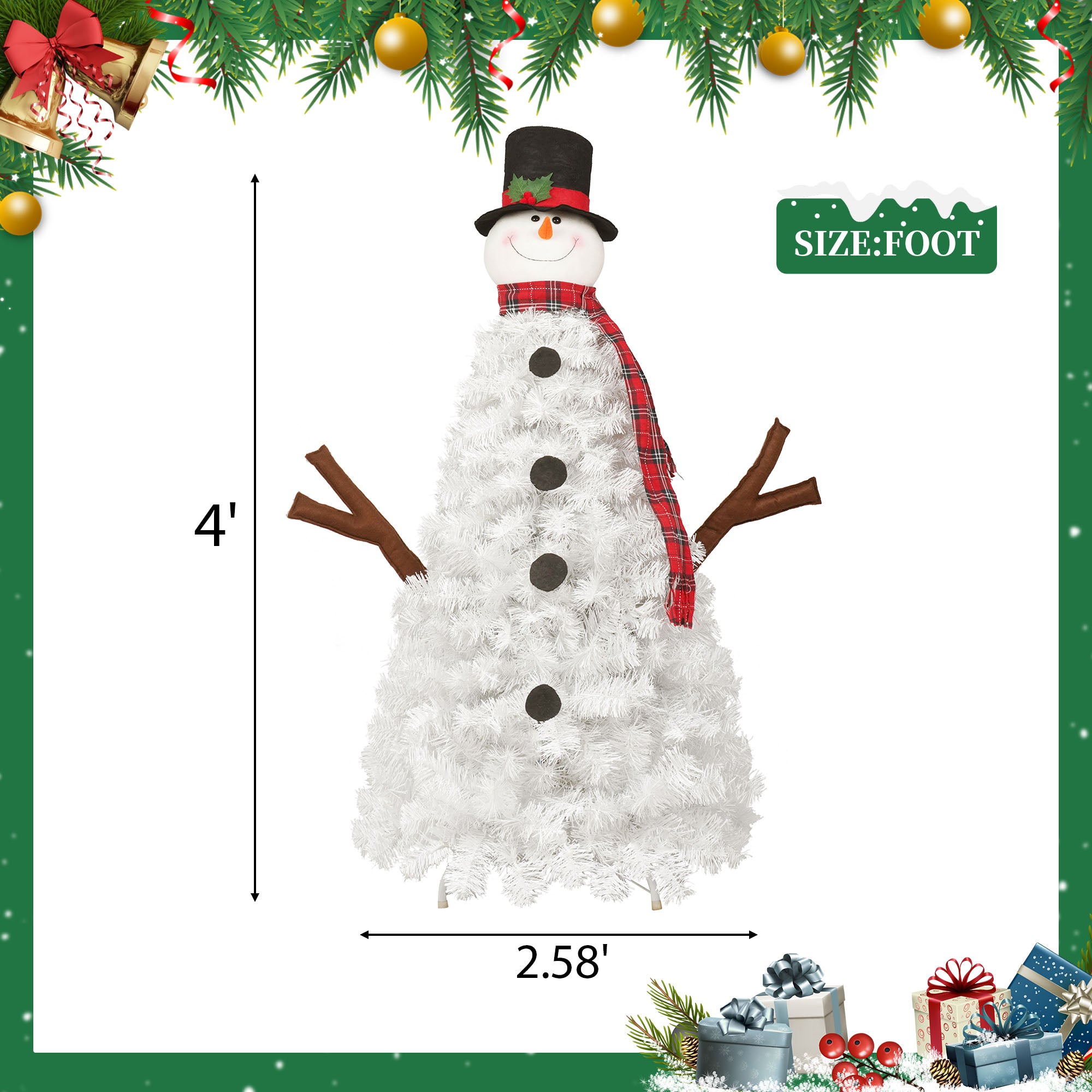 4ft Snowman Christmas Tree - Pre-lit Artificial Xmas Tree with 100 Warm White LED Lights, 380 PVC Branch Tips - Perfect for Indoor/Outdoor Holiday Decor