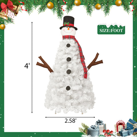 4ft Snowman Christmas Tree - Pre-lit Artificial Xmas Tree with 100 Warm White LED Lights, 380 PVC Branch Tips - Perfect for Indoor/Outdoor Holiday Decor