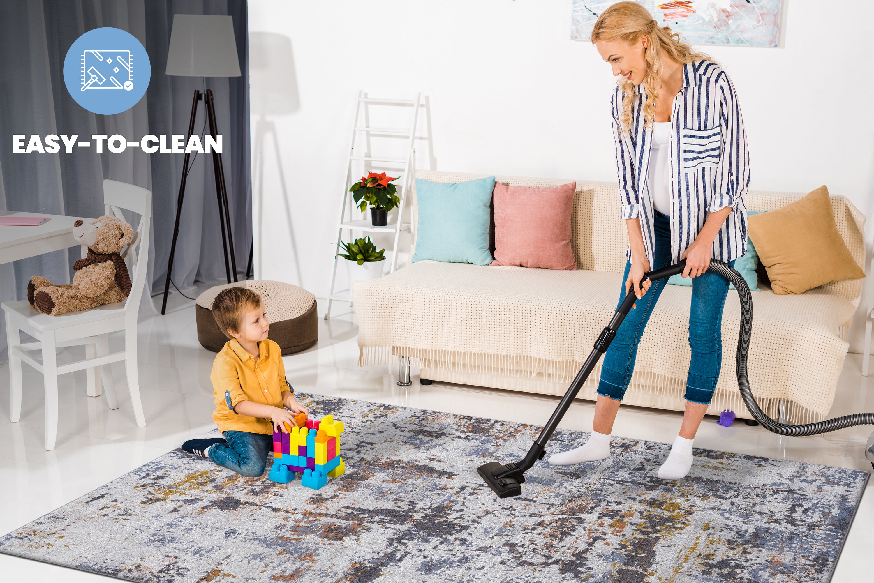 PAYAS Collection 5x7 Ivory &amp; Navy Abstract Area Rug - Stain-Resistant, Non-Shedding Polyester for Living Room, Bedroom, Entryway. Durable, Easy Clean, 0.28" Pile, Latex-Free Cotton Backing.