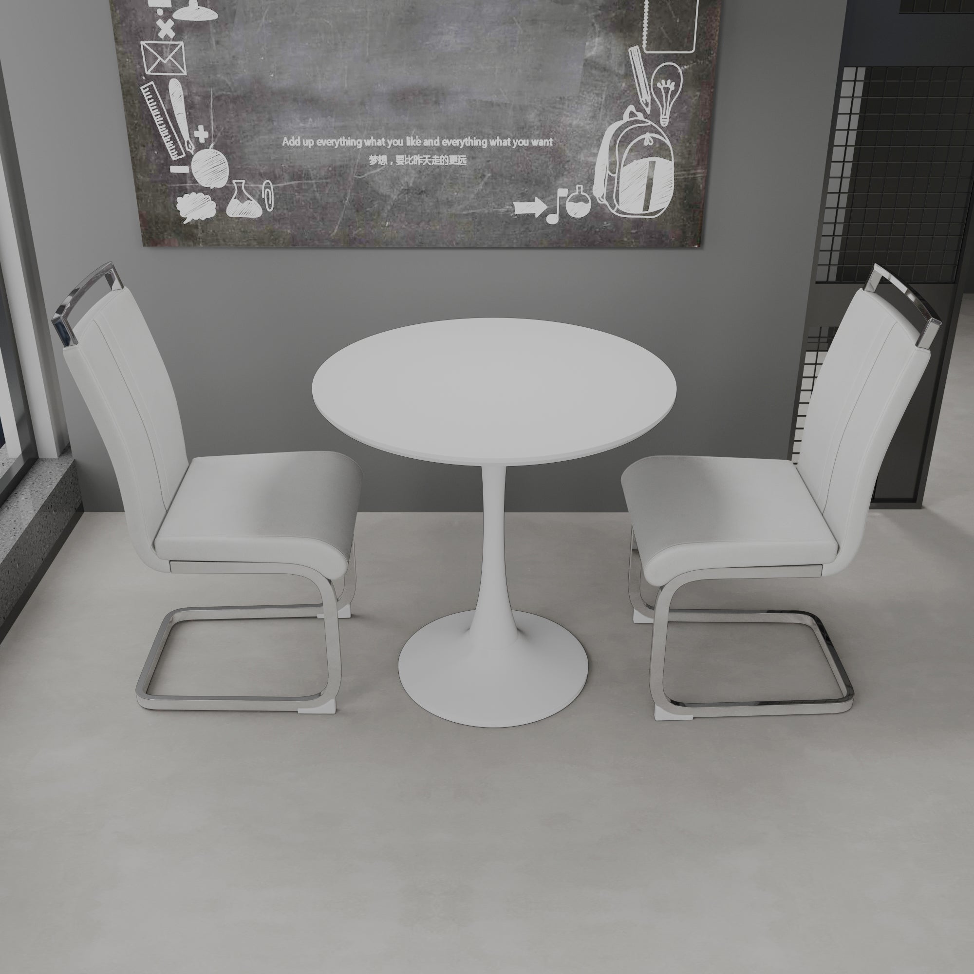 31.5" White Round Tulip Dining Table Set for 2-4 People, MDF Top & Base with 2 White PU Leather Metal Leg Chairs, Modern Kitchen & Small Space Furniture