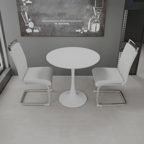31.5" White Round Tulip Dining Table Set for 2-4 People, MDF Top & Base with 2 White PU Leather Metal Leg Chairs, Modern Kitchen & Small Space Furniture