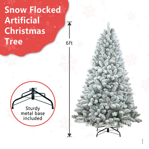 6FT Snow-Kissed Flocked Christmas Tree with 36 Natural Pinecones, Lush 888 PVC Tips, Sturdy Metal Stand - Full Shape Artificial Holiday Decor for Indoor Seasonal Festivities