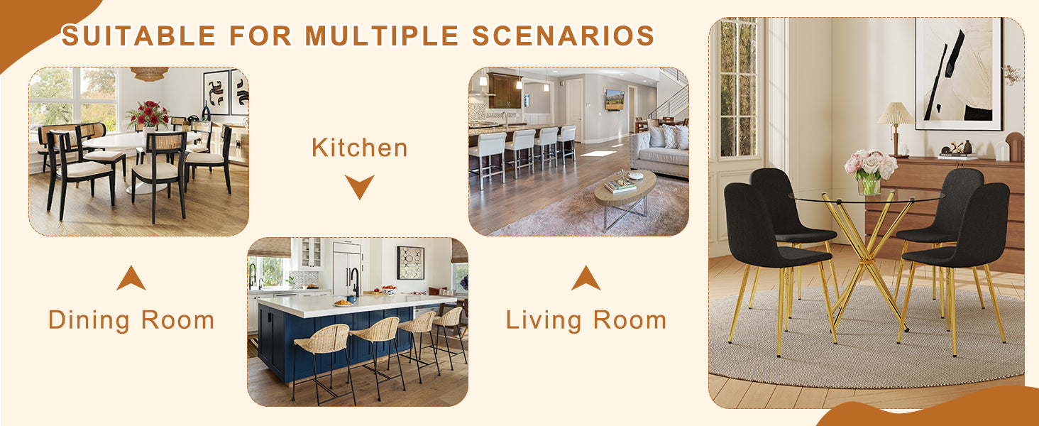 4-Piece Modern Luxe Dining Set: 36.6'' Round Tempered Glass Table & Black Linen-Cotton Chairs with Gold Metal Legs - Chic Seating for Kitchen, Living Room, Home Office | Seats 4