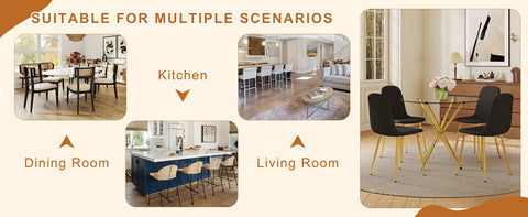 4-Piece Modern Luxe Dining Set: 36.6'' Round Tempered Glass Table & Black Linen-Cotton Chairs with Gold Metal Legs - Chic Seating for Kitchen, Living Room, Home Office | Seats 4