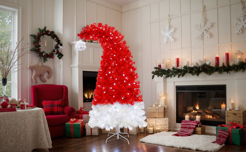 6FT Whimsical Santa Hat Christmas Tree | 1050 PET Tips | Pre-Lit 300 Cold White LEDs | Red & White | Indoor Holiday Decor