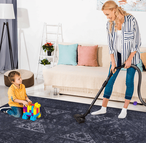 MAVAL 3x5 Washable Area Rug - Soft Chenille Boho Black+Gray Low Pile for Living Room, Bedroom, Kitchen, Hallway - Stain-Resistant, Non-Slip, Easy Clean Floor Carpet, 3' x 5'