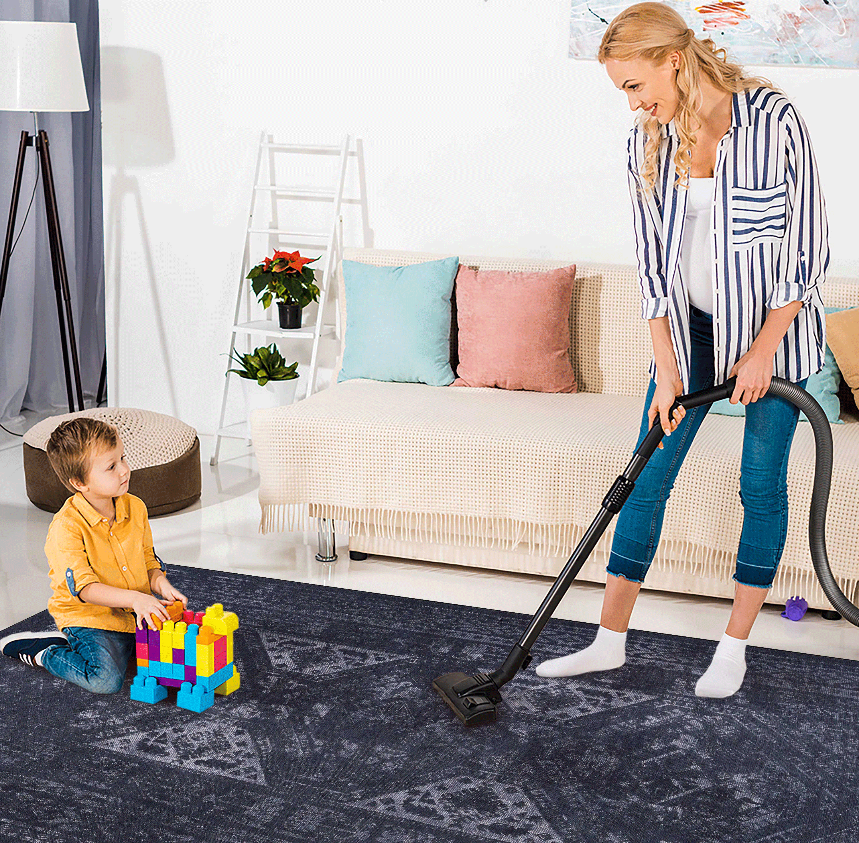 MAVAL Black Washable Runner Rug 2'6"x10' | Stain-Resistant Chenille Polyester | Non-Slip TPR Backing | Low Pile for Hallway, Kitchen, Living Room, Entryway | Turkish Made