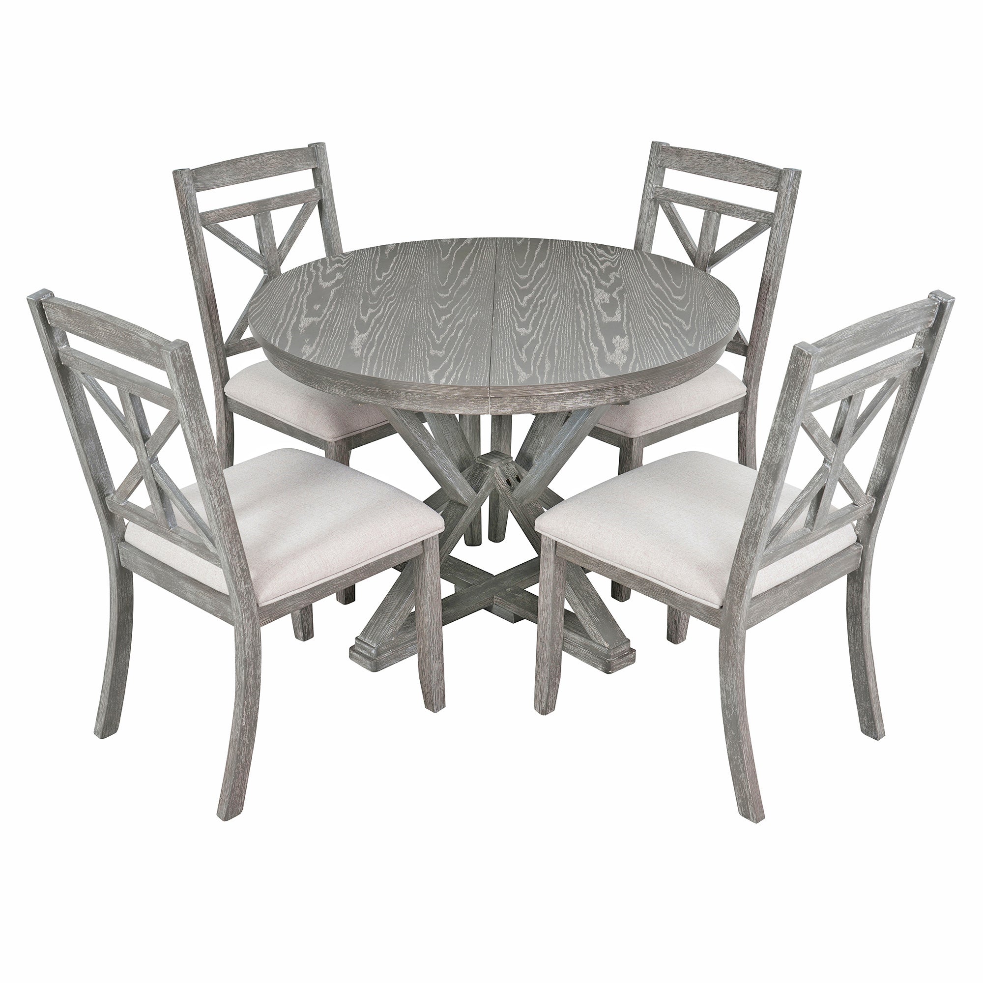 TREXM 5-Piece Extendable Round Dining Table Set for 4 - Vintage Grey Rubberwood & Linen Upholstered Chairs - 42"-54" Oval/Round Table for Kitchen, Dining Room, Living Room
