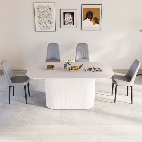 63" Cream Modern MDF Dining Table Set with 4 PU Leather Chairs, Black Metal Legs, Ergonomic Design, Stain-Resistant Tabletop, Perfect for Home Kitchen & Dining Room