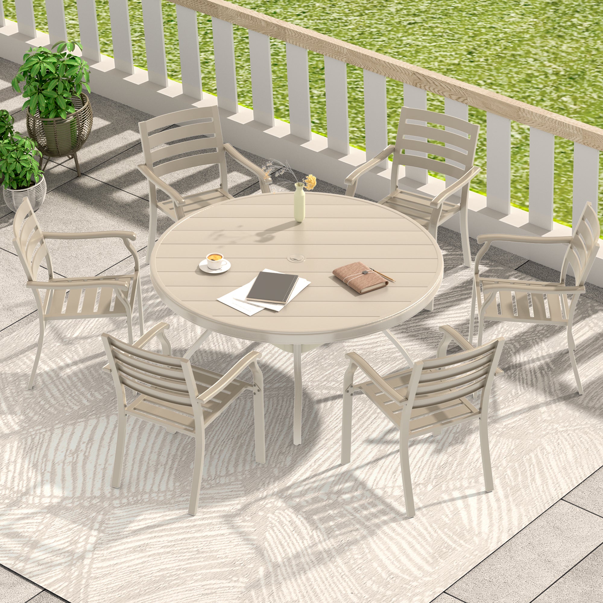 7-Piece Outdoor Patio Dining Set: 53" Round Metal Table & 6 Stackable Sandstone Chairs for Garden, Lawn, Backyard Deck - Durable, Weather-Resistant, Casual Style