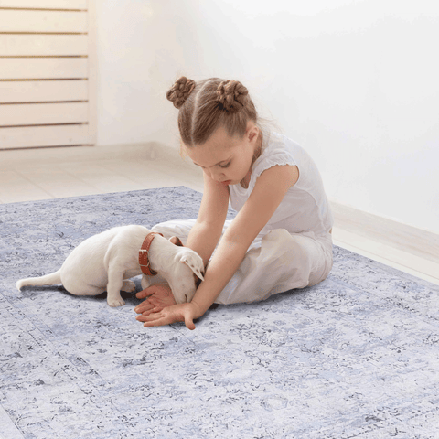 MAVAL Blue Washable Rug 4x6 Area Rug - Soft Chenille Boho Style, Non-Slip, Stain-Resistant, Low Pile for Living Room, Bedroom, Kitchen, Hallway, Dining Room, Playroom - Blue+Cream