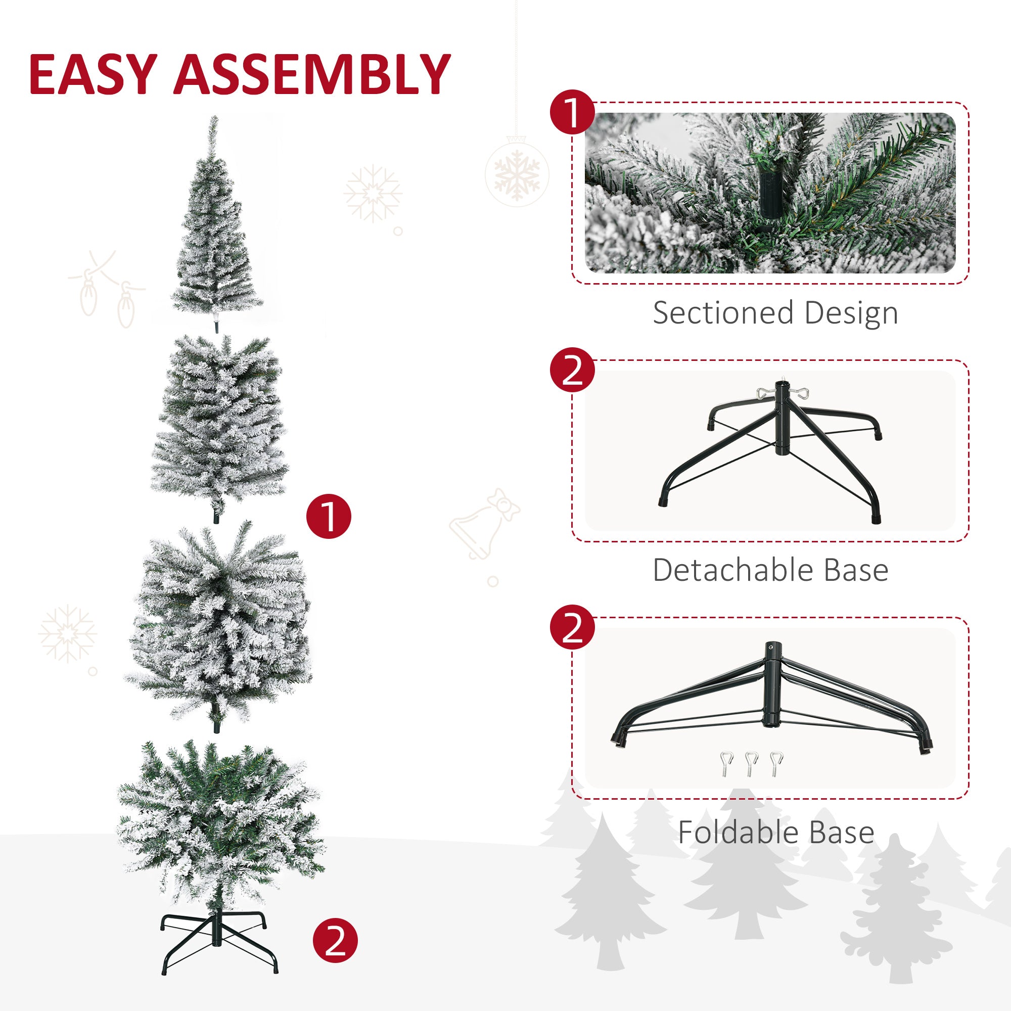 HOMCOM 7.5ft Snow-Flocked Slim Artificial Christmas Tree | Realistic PVC Branches, 738 Tips | Green, Unlit | Sturdy Metal Base for Home Holiday Decor