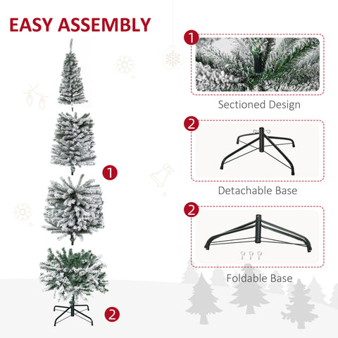 HOMCOM 7.5ft Snow-Flocked Slim Artificial Christmas Tree | Realistic PVC Branches, 738 Tips | Green, Unlit | Sturdy Metal Base for Home Holiday Decor