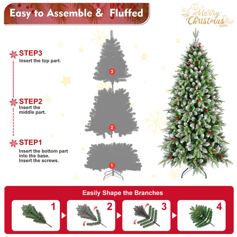 6ft Frosted Green Artificial Christmas Tree | 380 Warm White LED Lights | 1264 Lush Tips | Red Berries &amp; Pinecones | Sturdy Metal Stand | Indoor Holiday Decor