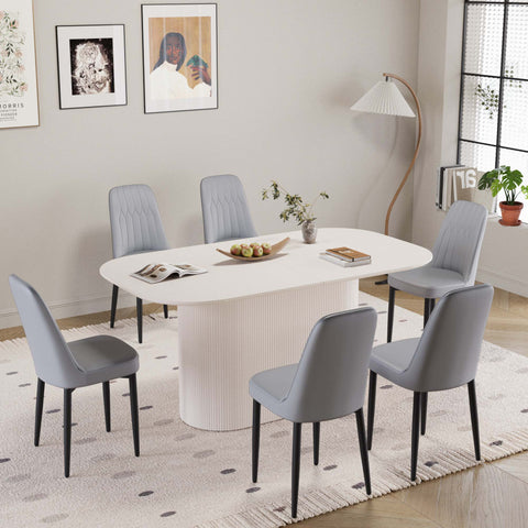63" Cream Modern MDF Dining Table Set with 6 Grey PU Leather Ergonomic Chairs - Industrial Style Home & Kitchen Furniture for 4-8 Guests - Easy Assembly