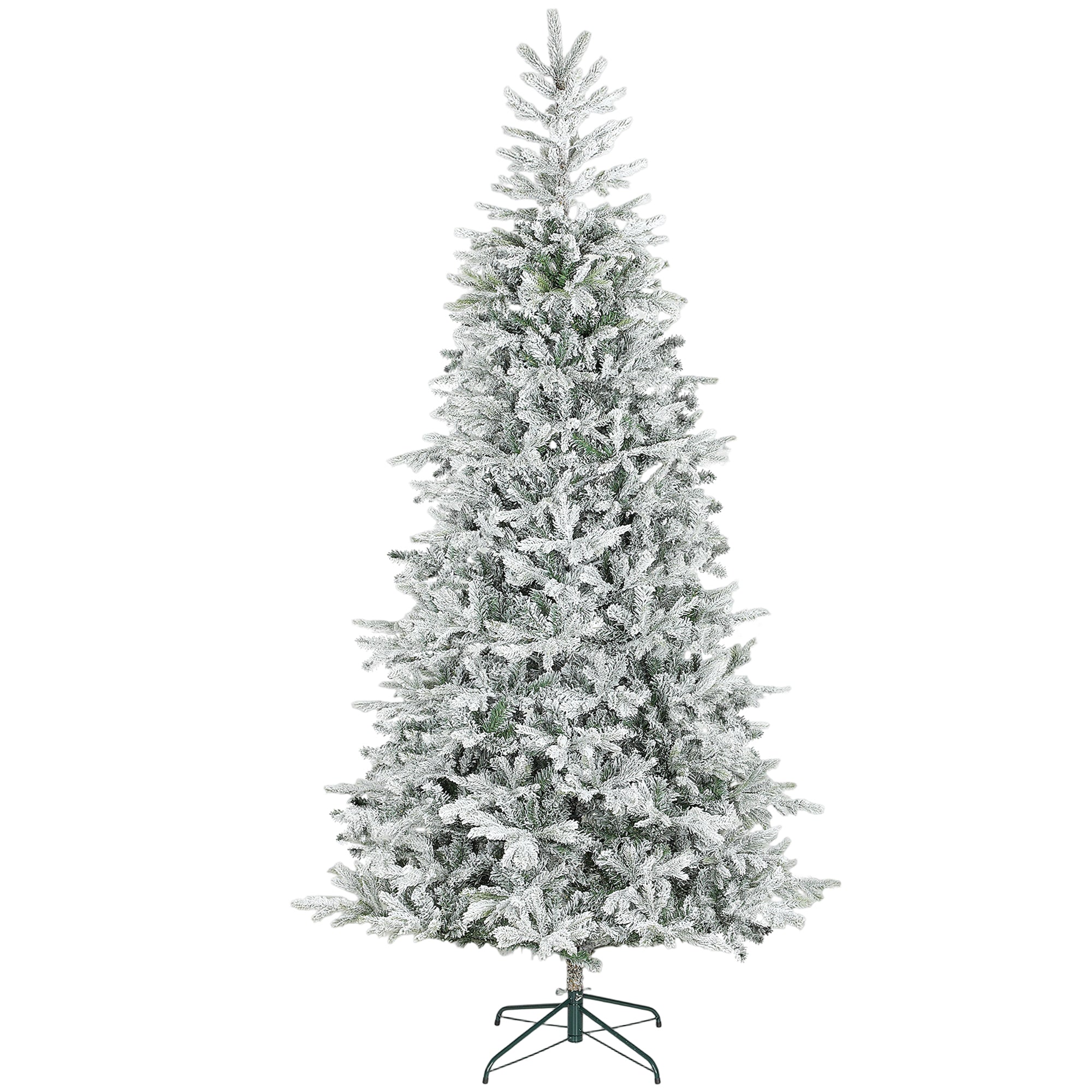 9ft Flocked Spruce Christmas Tree - Realistic Snow-Dusted Artificial Tree, 2514 Tips, 57" Wide, Hinged Branches, Metal Stand, Fire-Retardant Green & White for Festive Home Decor