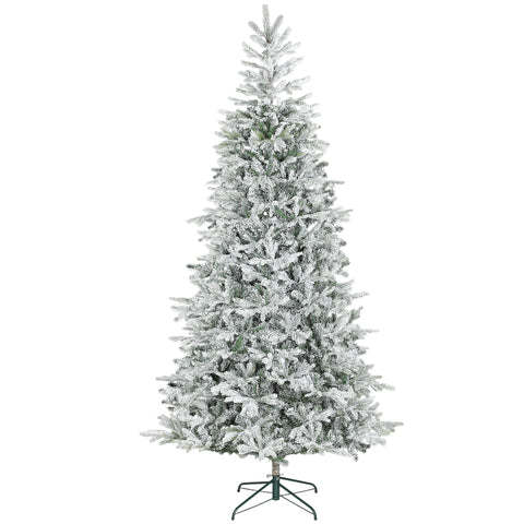 9ft Flocked Spruce Christmas Tree - Realistic Snow-Dusted Artificial Tree, 2514 Tips, 57" Wide, Hinged Branches, Metal Stand, Fire-Retardant Green & White for Festive Home Decor
