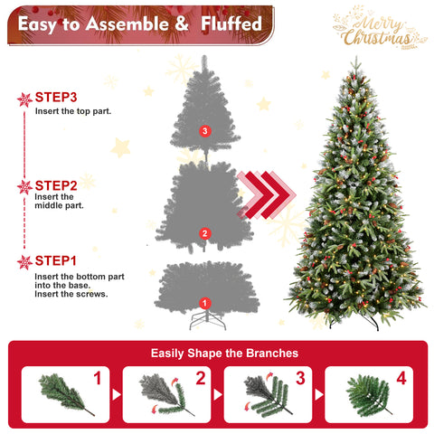 6FT Snow-Tipped Christmas Tree: 350 Warm White LEDs, Hinged PE+PVC Branches, Red Berries & Pine Cones, Realistic Holiday Decor for Home & Office