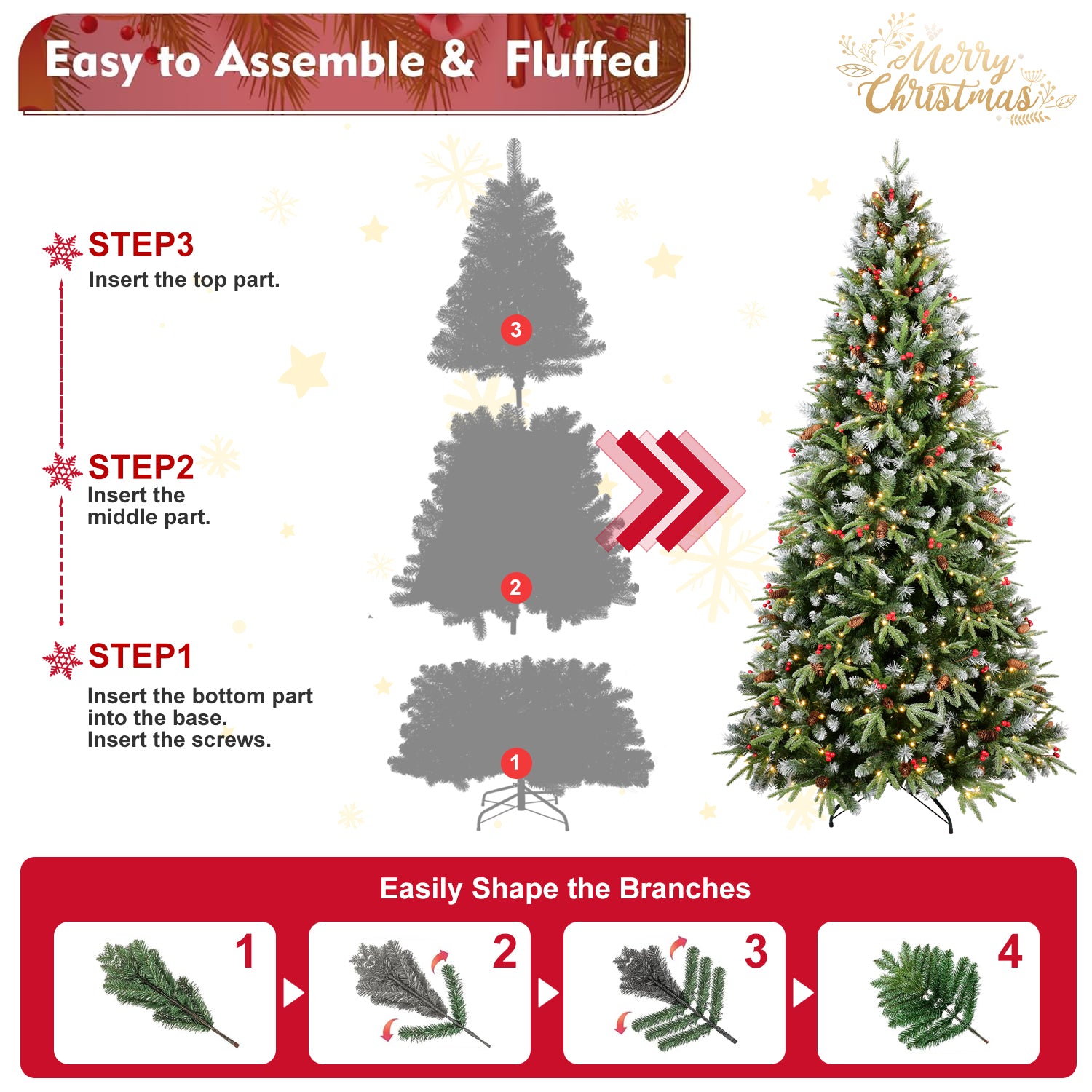 4FT Snow-Tipped Christmas Tree: 150 Warm White LED Lights, Hinged PE/PVC Branches, Red Berries &amp; Pine Cones, Metal Stand - Realistic Winter Woodland Holiday Decor
