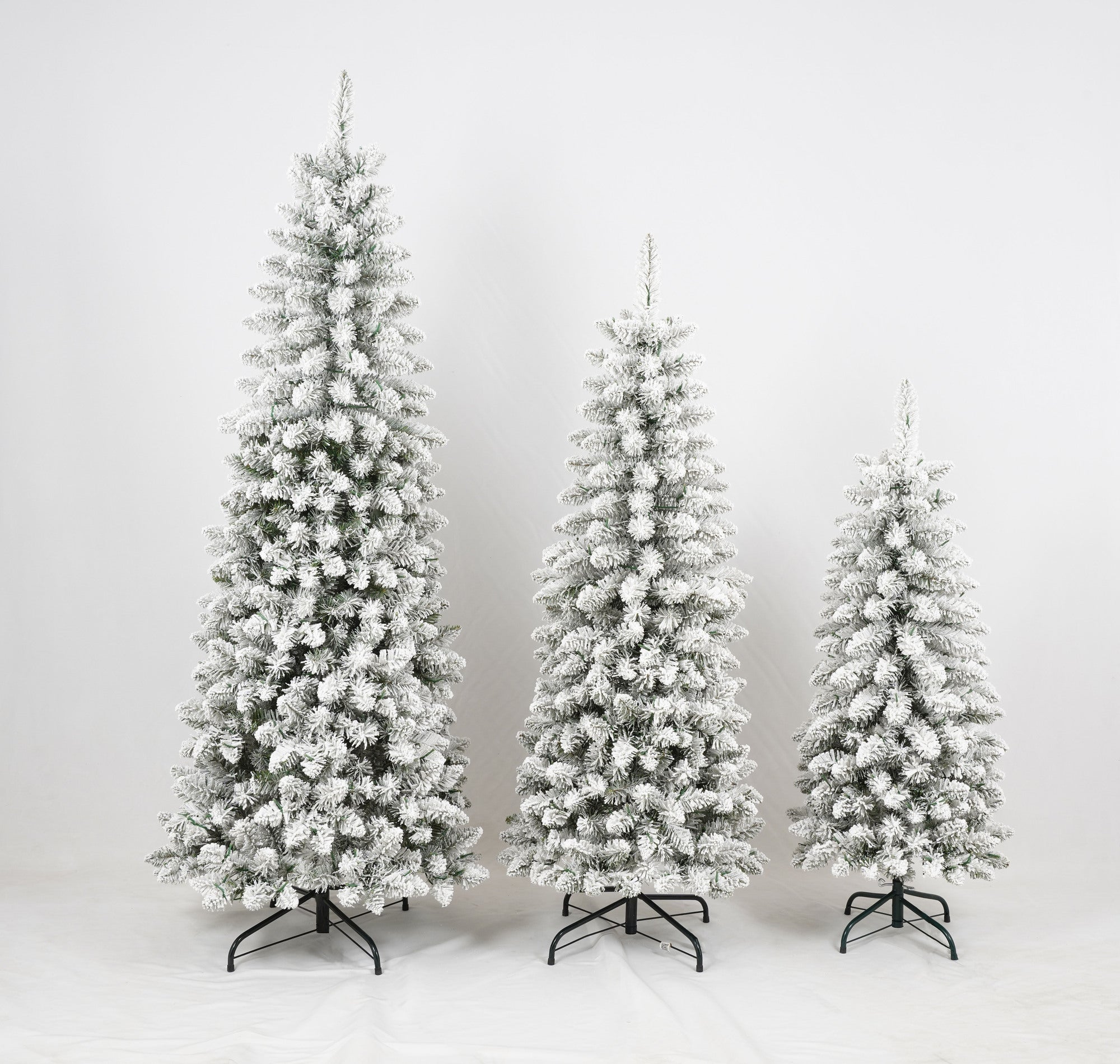 3 Pcs Flocked Artificial Christmas Trees Set w/ Warm White LED Lights, 4ft 5ft 6ft Snow-Covered Pine Tree Decor for Indoor Holiday Parties, Easy Assembly, Dense PVC Tips, Metal Stand, Green/White