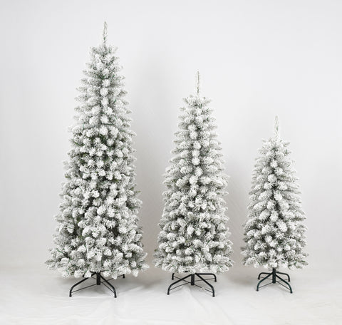 3 Pcs Flocked Artificial Christmas Trees Set w/ Warm White LED Lights, 4ft 5ft 6ft Snow-Covered Pine Tree Decor for Indoor Holiday Parties, Easy Assembly, Dense PVC Tips, Metal Stand, Green/White